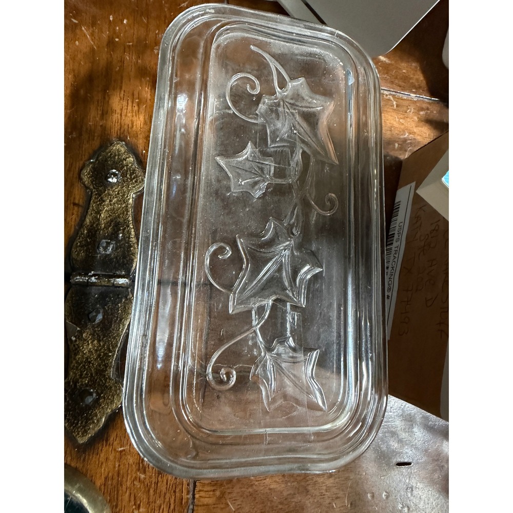 Vintage Clear Pressed Glass Butter Dish Lid Embossed Ivy Leaf Scrolled Pattern